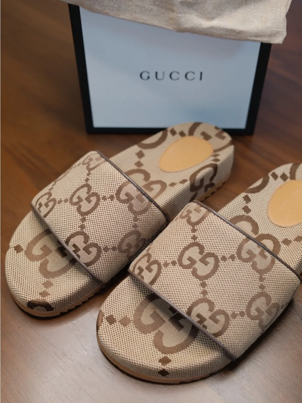 Gucci Beige Brown GG Canvas Slide Sandals